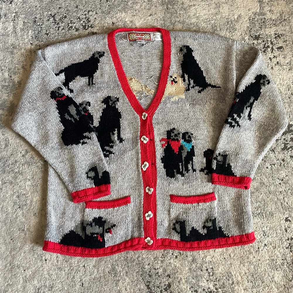 VINTAGE HAND KNIT Cardigan Dogs Size Large Grandma Grandpa Sweater
